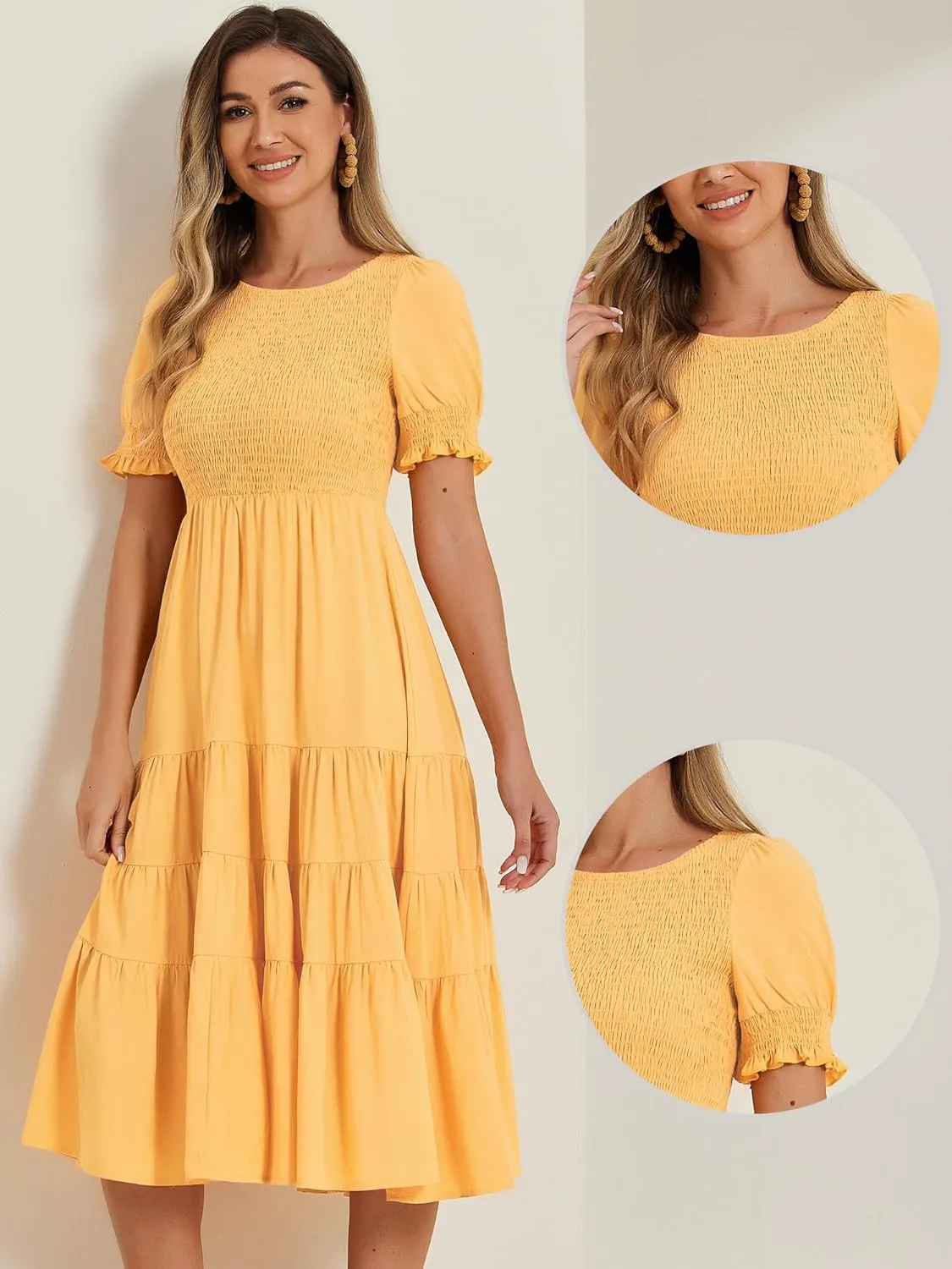 Allegra K Peasant Smocked Dress for Women's Short Sleeve Midi Summer Casual Tiered A-Line Dress
