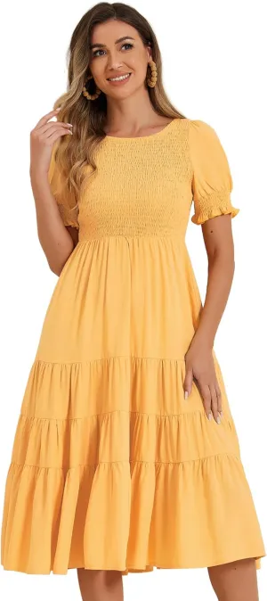 Allegra K Peasant Smocked Dress for Women's Short Sleeve Midi Summer Casual Tiered A-Line Dress