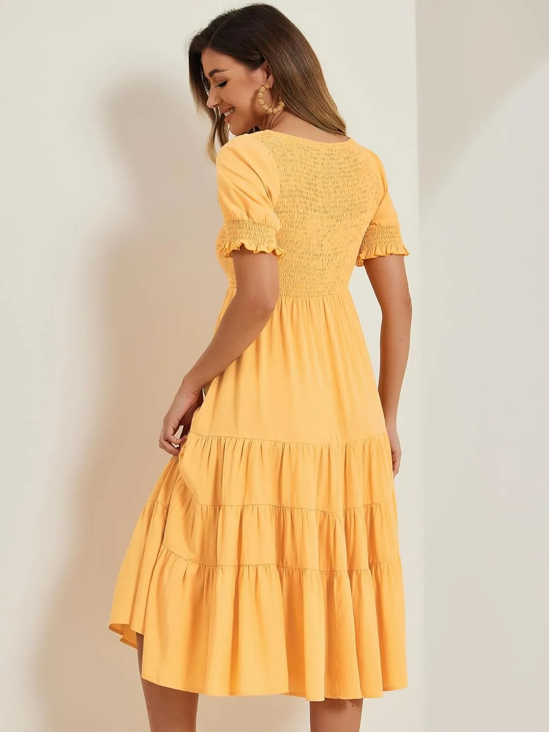 Allegra K Peasant Smocked Dress for Women's Short Sleeve Midi Summer Casual Tiered A-Line Dress