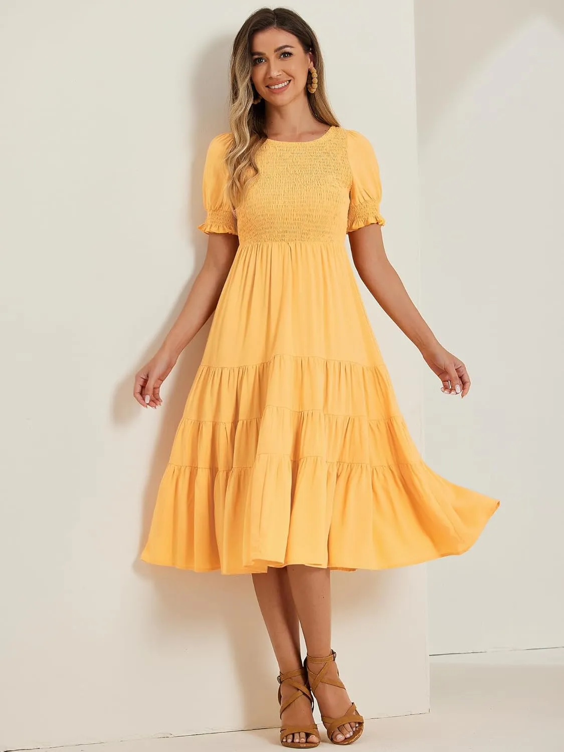 Allegra K Peasant Smocked Dress for Women's Short Sleeve Midi Summer Casual Tiered A-Line Dress