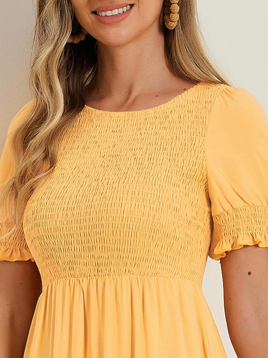 Allegra K Peasant Smocked Dress for Women's Short Sleeve Midi Summer Casual Tiered A-Line Dress