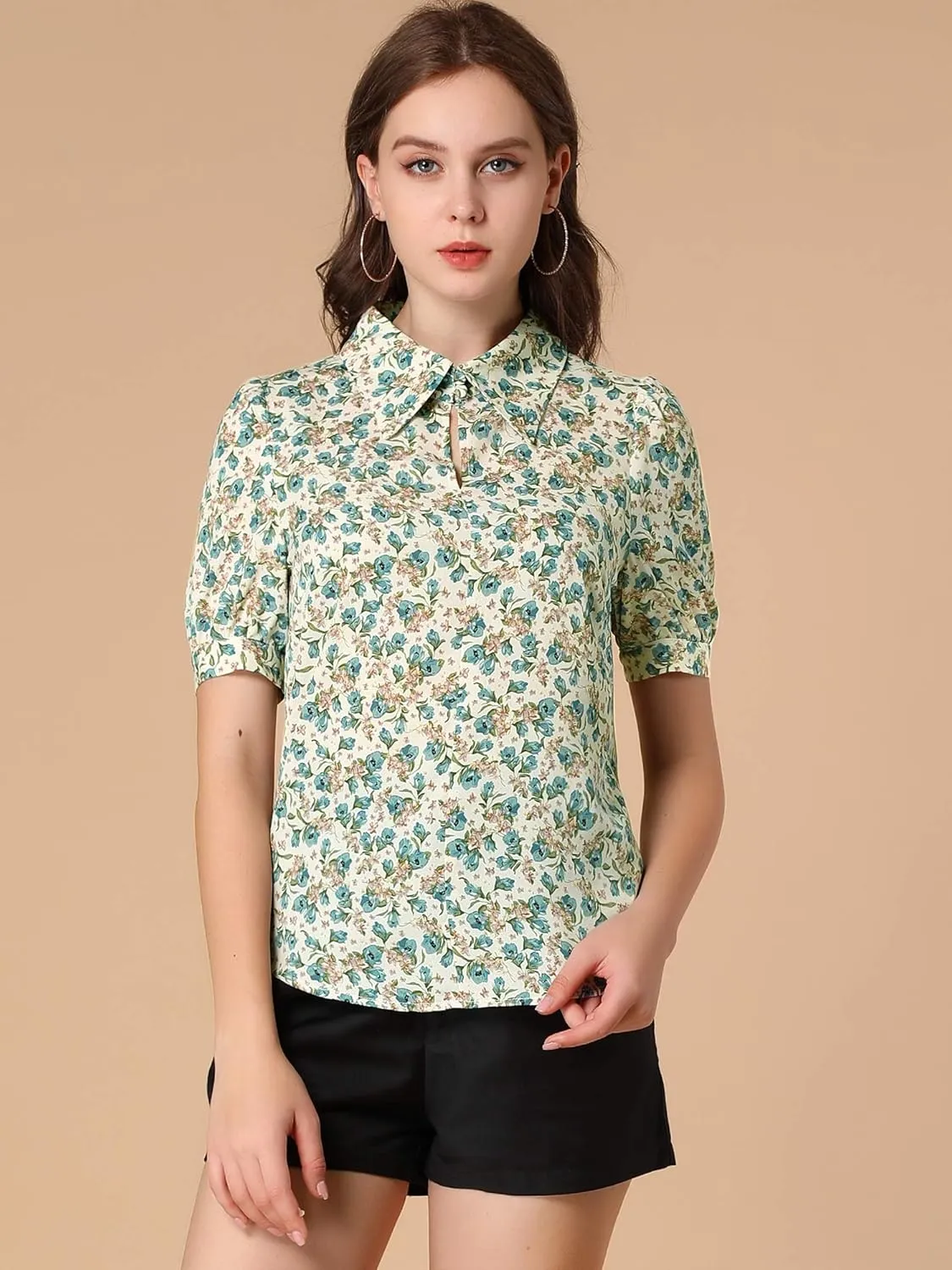 Allegra K Women's Elegant Shirt Collared 2025 Summer Short Sleeve 1950s Vintage Floral Blouse