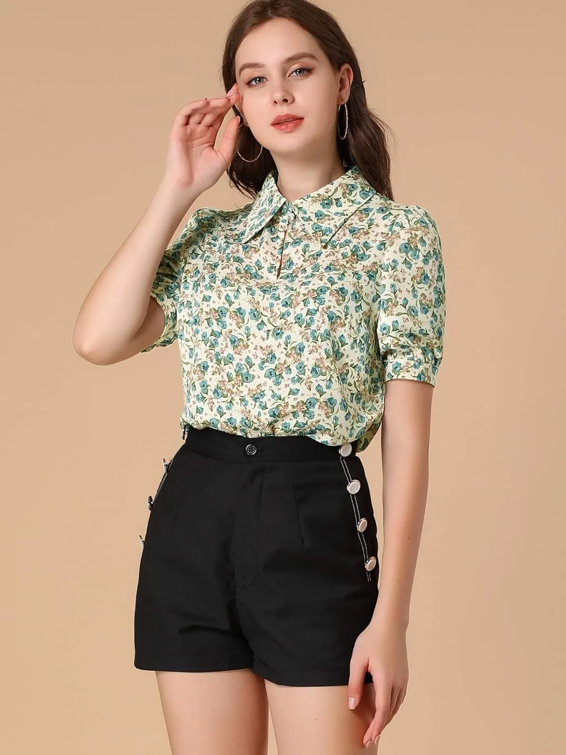 Allegra K Women's Elegant Shirt Collared 2025 Summer Short Sleeve 1950s Vintage Floral Blouse