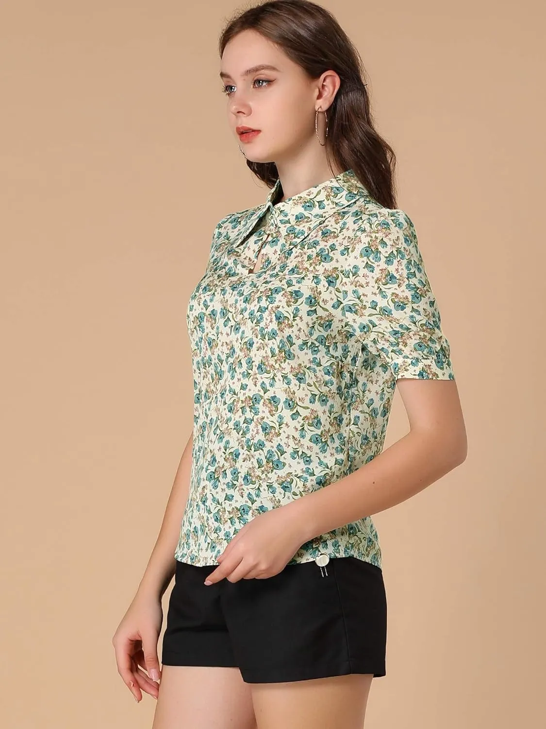 Allegra K Women's Elegant Shirt Collared 2025 Summer Short Sleeve 1950s Vintage Floral Blouse