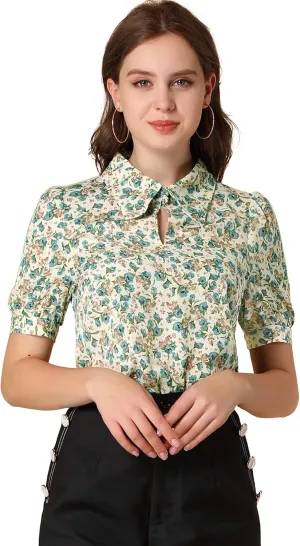 Allegra K Women's Elegant Shirt Collared 2025 Summer Short Sleeve 1950s Vintage Floral Blouse