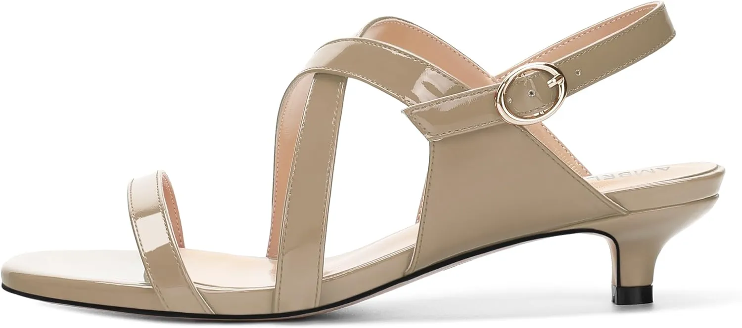 AMBELIGHT Womens Round Toe Cute Patent Open Slingback Party Buckle Kitten Low Heel Heeled Sandals 1.5 Inch