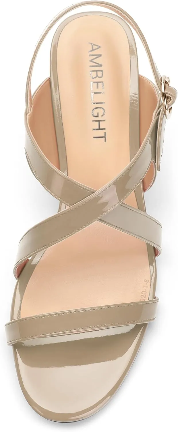 AMBELIGHT Womens Round Toe Cute Patent Open Slingback Party Buckle Kitten Low Heel Heeled Sandals 1.5 Inch