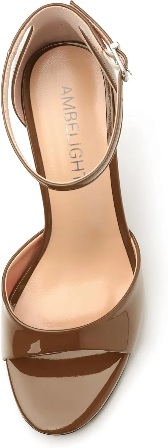 AMBELIGHT Women's Sexy Stiletto High Kitten Patent Heels Ankle Strap Buckle Round Peep Open Toe Sandals Elegant Dress Office Party Wedding Shoes For Women 3.5 Inch