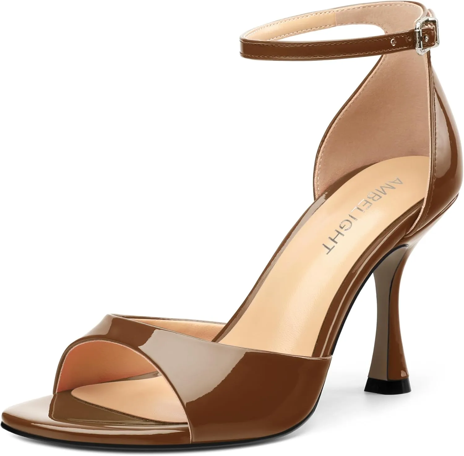 AMBELIGHT Women's Sexy Stiletto High Kitten Patent Heels Ankle Strap Buckle Round Peep Open Toe Sandals Elegant Dress Office Party Wedding Shoes For Women 3.5 Inch