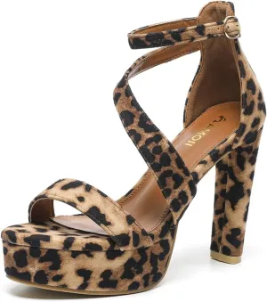 Amoji Women's Block Heels 4 Inch Platform Ankle Strap Lady Heeled Sandals FZ325