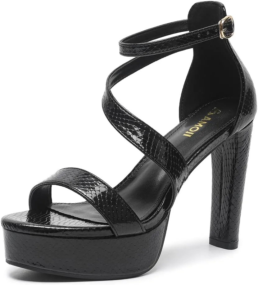 Amoji Women's Block Heels 4 Inch Platform Ankle Strap Lady Heeled Sandals FZ325