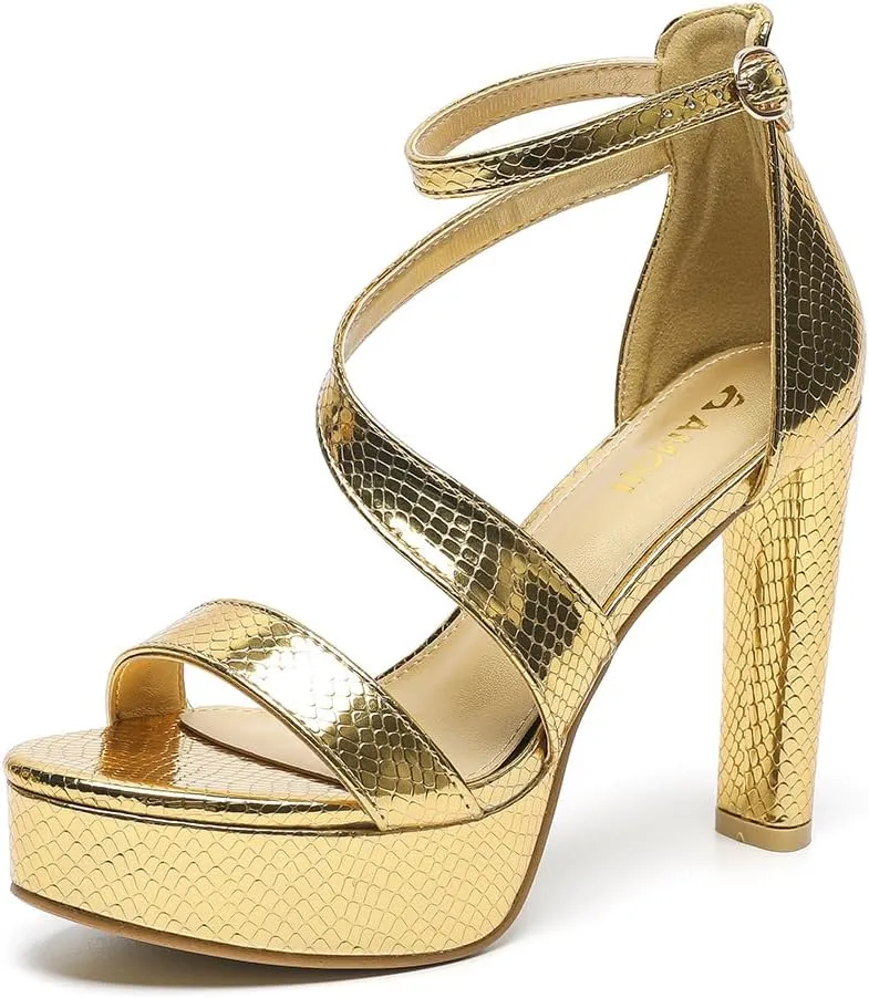 Amoji Women's Block Heels 4 Inch Platform Ankle Strap Lady Heeled Sandals FZ325