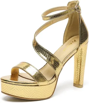 Amoji Women's Block Heels 4 Inch Platform Ankle Strap Lady Heeled Sandals FZ325