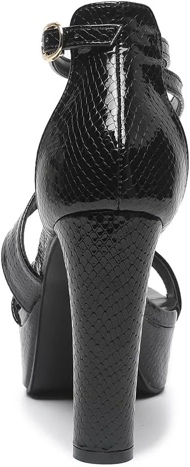 Amoji Women's Block Heels 4 Inch Platform Ankle Strap Lady Heeled Sandals FZ325