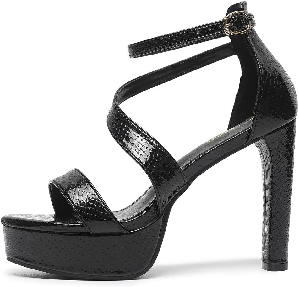 Amoji Women's Block Heels 4 Inch Platform Ankle Strap Lady Heeled Sandals FZ325