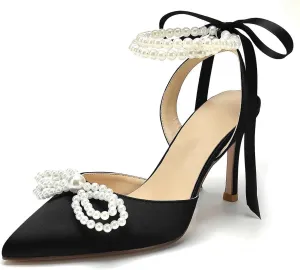 Anna's Bridal Satin White Wedding Shoes for Bride High Heels Closed Toe Bridal Shoes Sandals Prom Party Dress Pumps Sandals Elegant Pointed Toe Bridal Pear Heels for Women