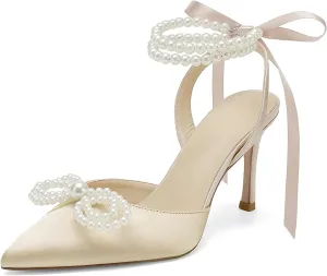 Anna's Bridal Satin White Wedding Shoes for Bride High Heels Closed Toe Bridal Shoes Sandals Prom Party Dress Pumps Sandals Elegant Pointed Toe Bridal Pear Heels for Women