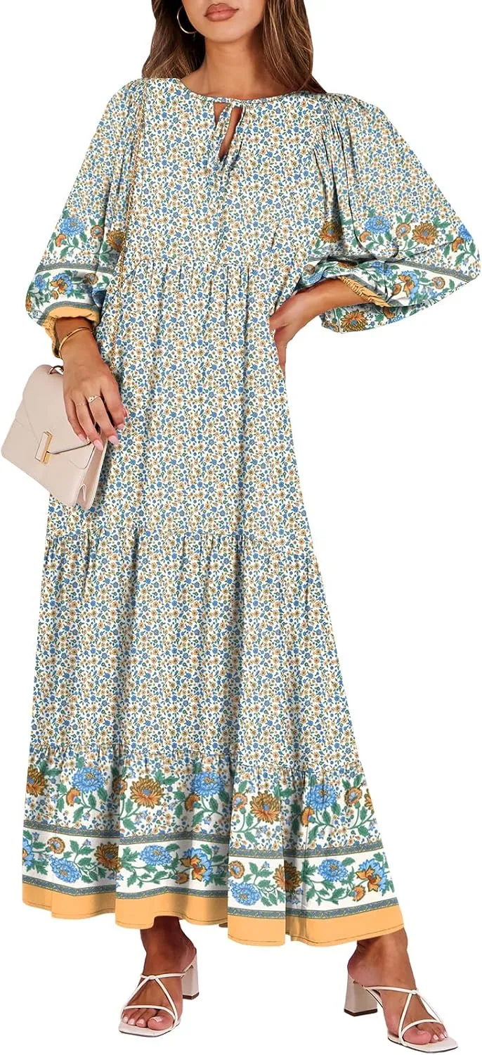 ANRABESS Womens Boho Maxi Dresses 2025 Summer V Neck Puff Sleeve Floral Flowy Swing Casual Long Dress
