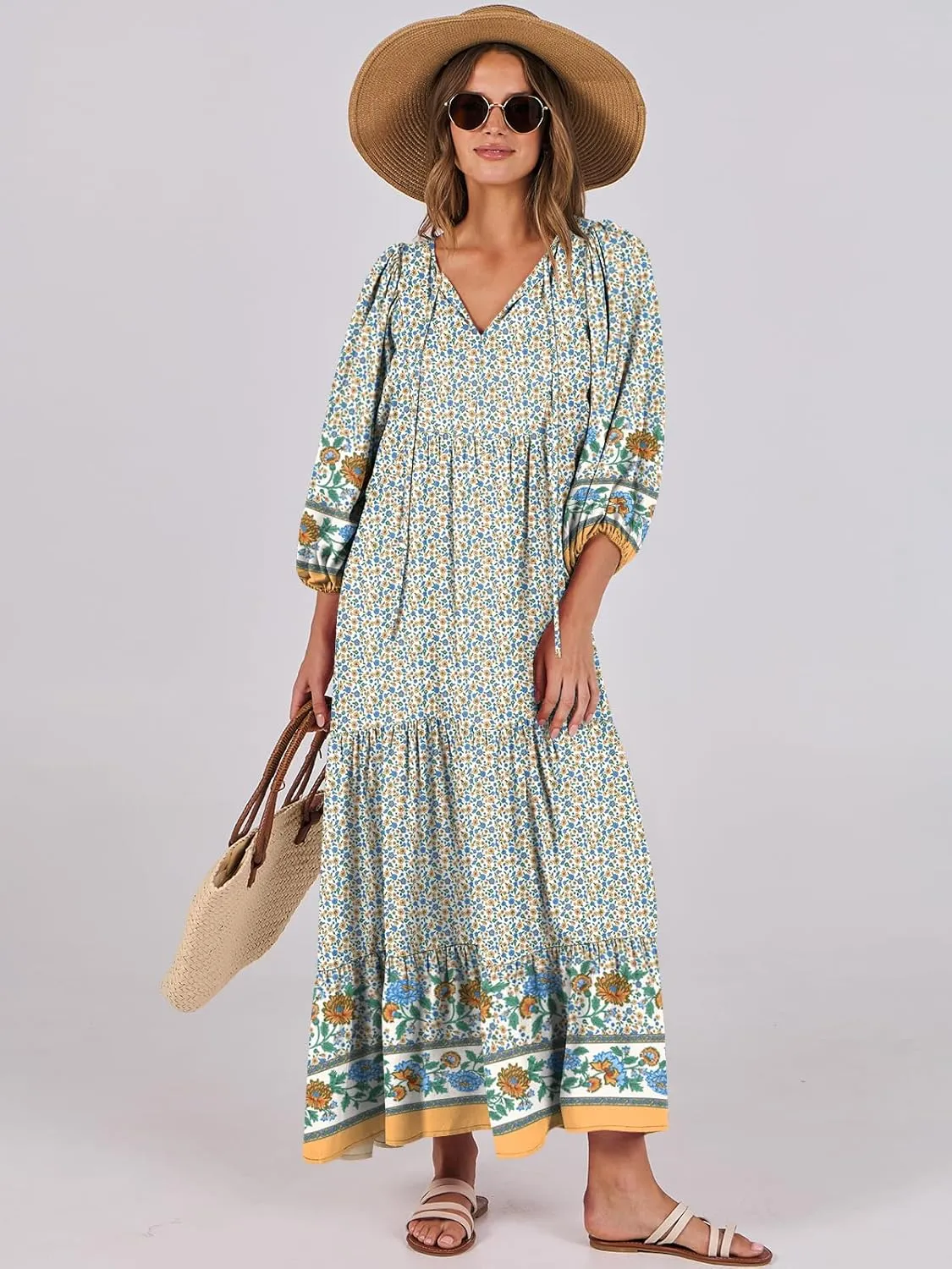 ANRABESS Womens Boho Maxi Dresses 2025 Summer V Neck Puff Sleeve Floral Flowy Swing Casual Long Dress