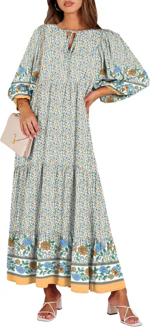 ANRABESS Womens Boho Maxi Dresses 2025 Summer V Neck Puff Sleeve Floral Flowy Swing Casual Long Dress