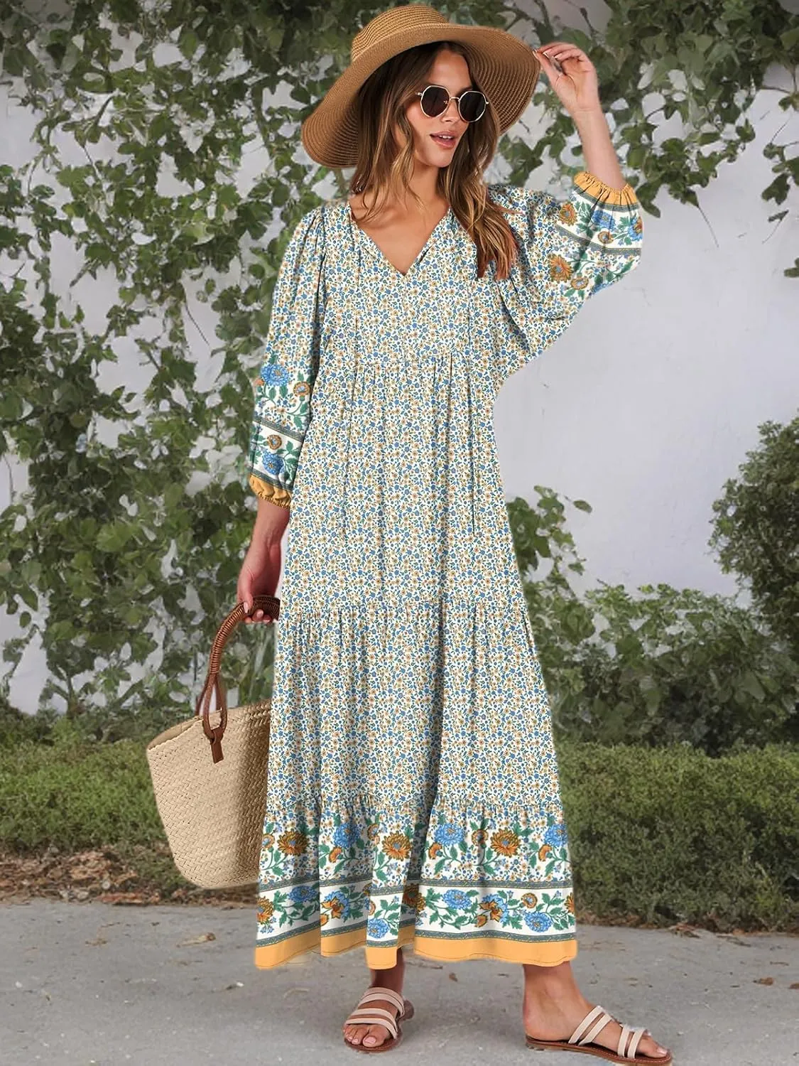 ANRABESS Womens Boho Maxi Dresses 2025 Summer V Neck Puff Sleeve Floral Flowy Swing Casual Long Dress