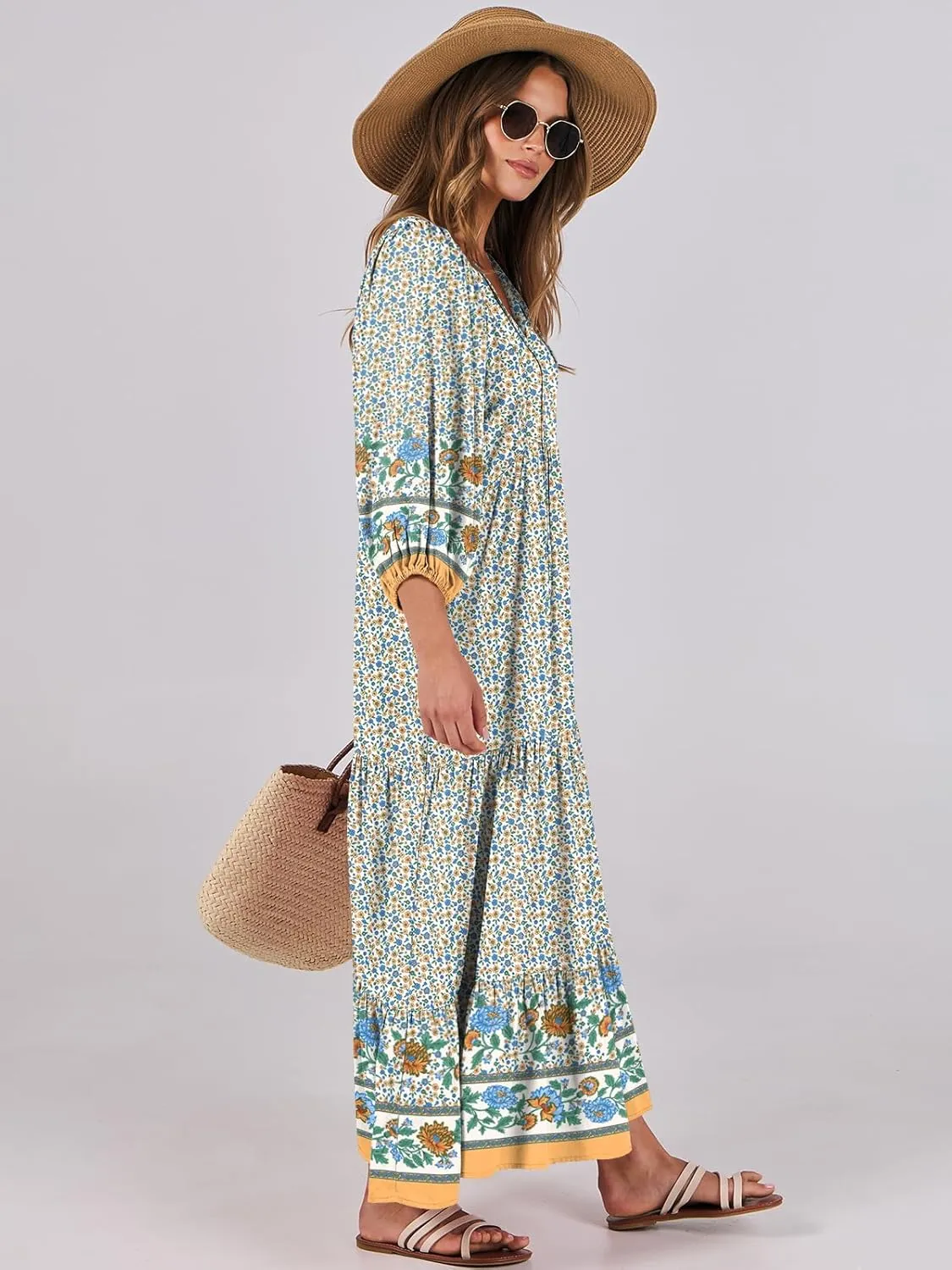ANRABESS Womens Boho Maxi Dresses 2025 Summer V Neck Puff Sleeve Floral Flowy Swing Casual Long Dress