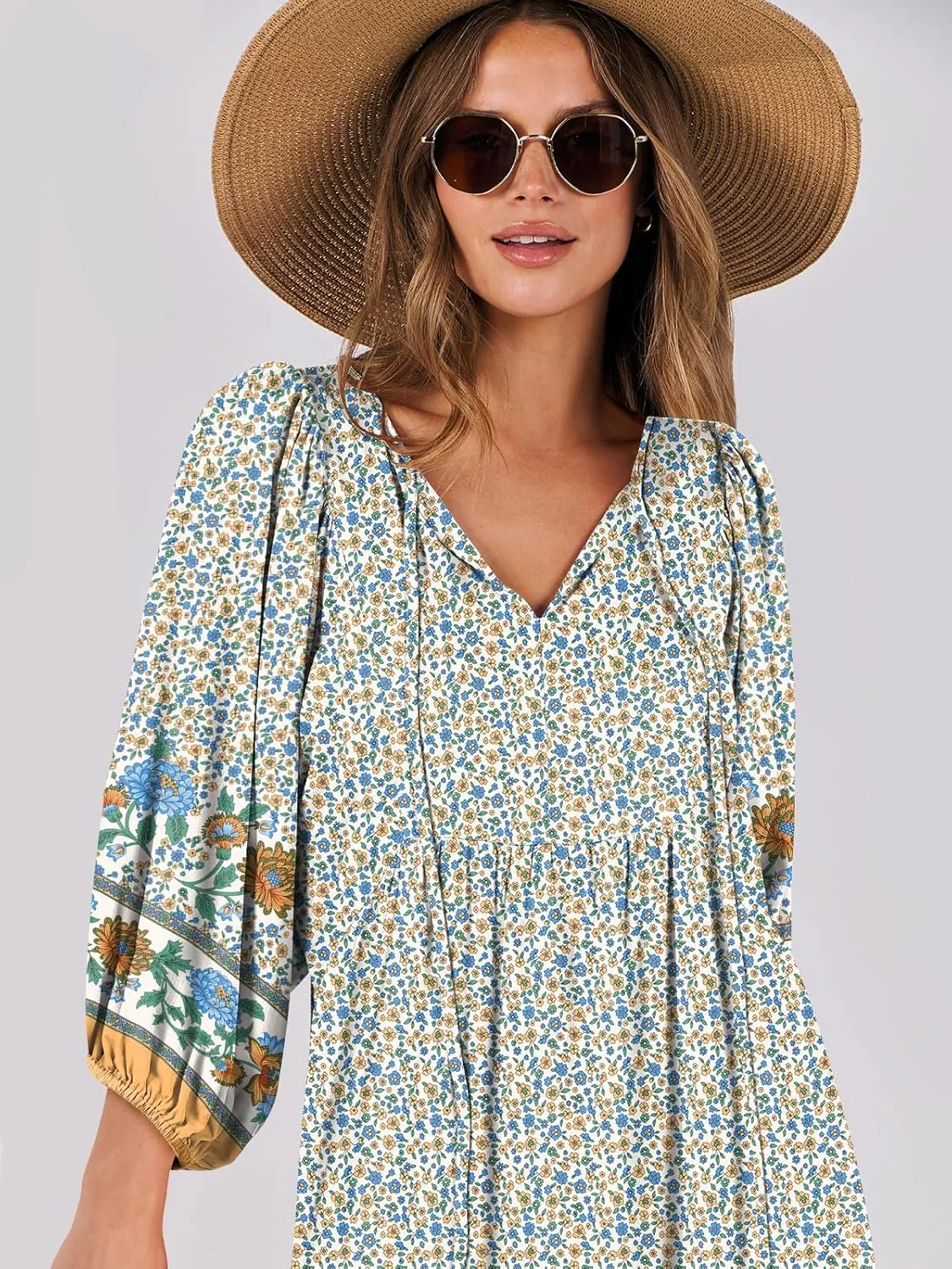 ANRABESS Womens Boho Maxi Dresses 2025 Summer V Neck Puff Sleeve Floral Flowy Swing Casual Long Dress