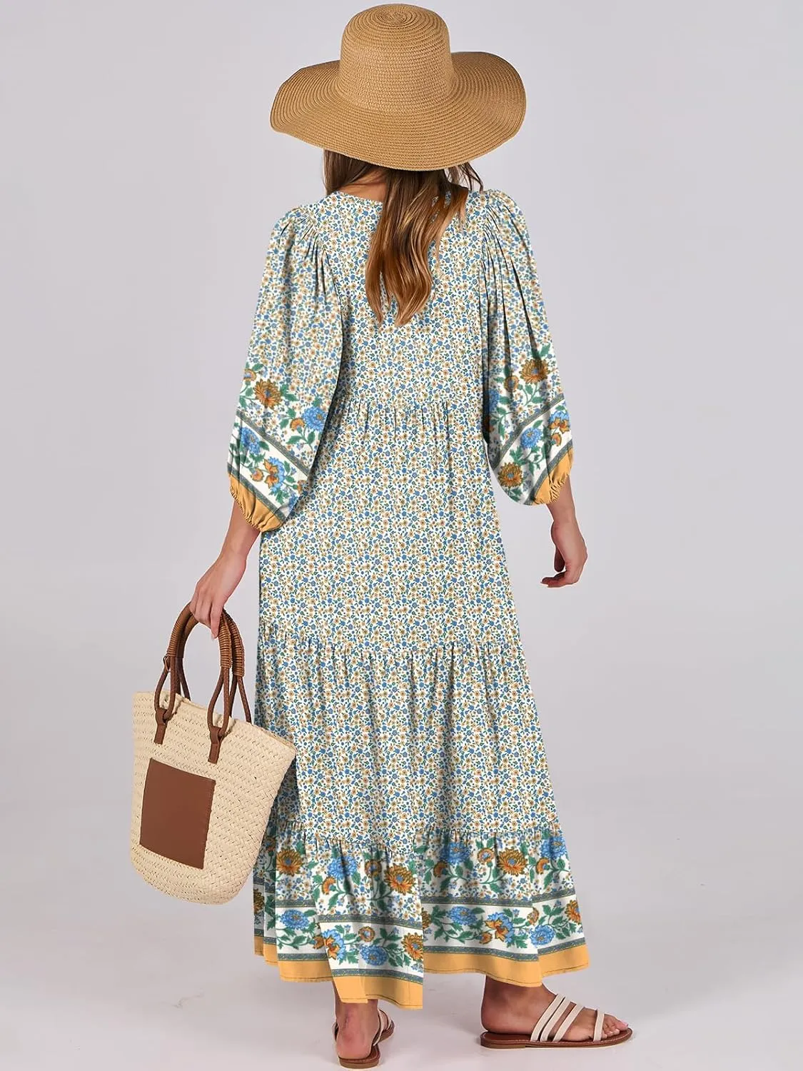 ANRABESS Womens Boho Maxi Dresses 2025 Summer V Neck Puff Sleeve Floral Flowy Swing Casual Long Dress