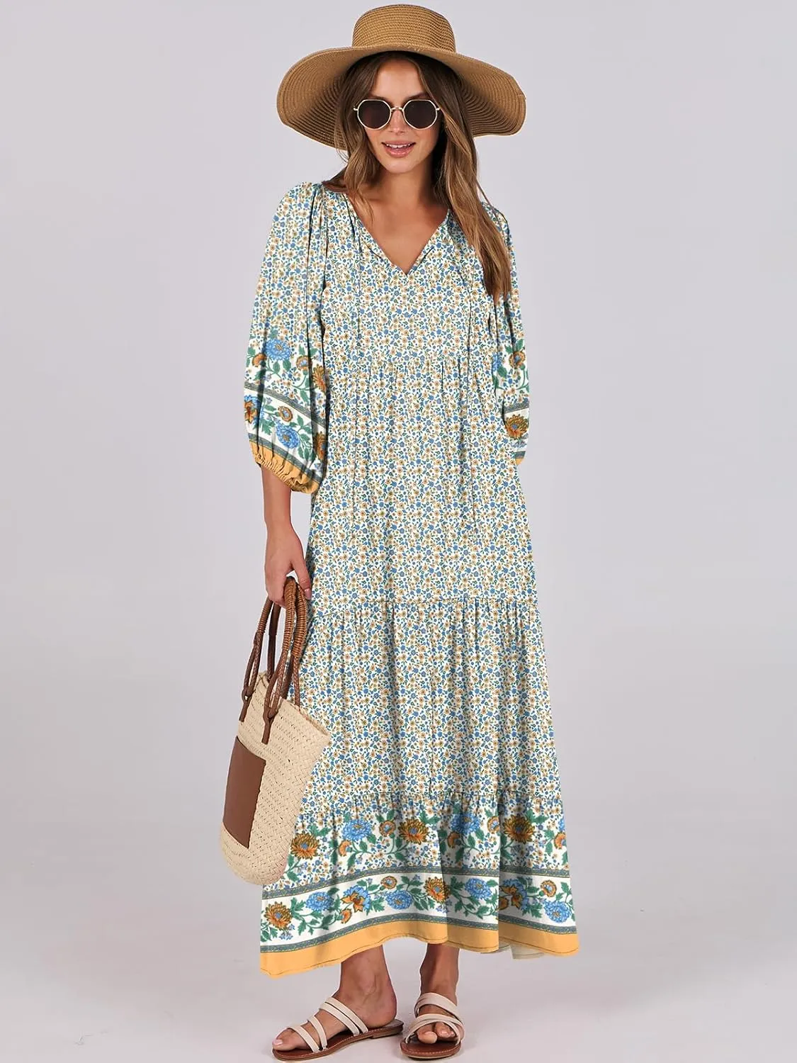 ANRABESS Womens Boho Maxi Dresses 2025 Summer V Neck Puff Sleeve Floral Flowy Swing Casual Long Dress