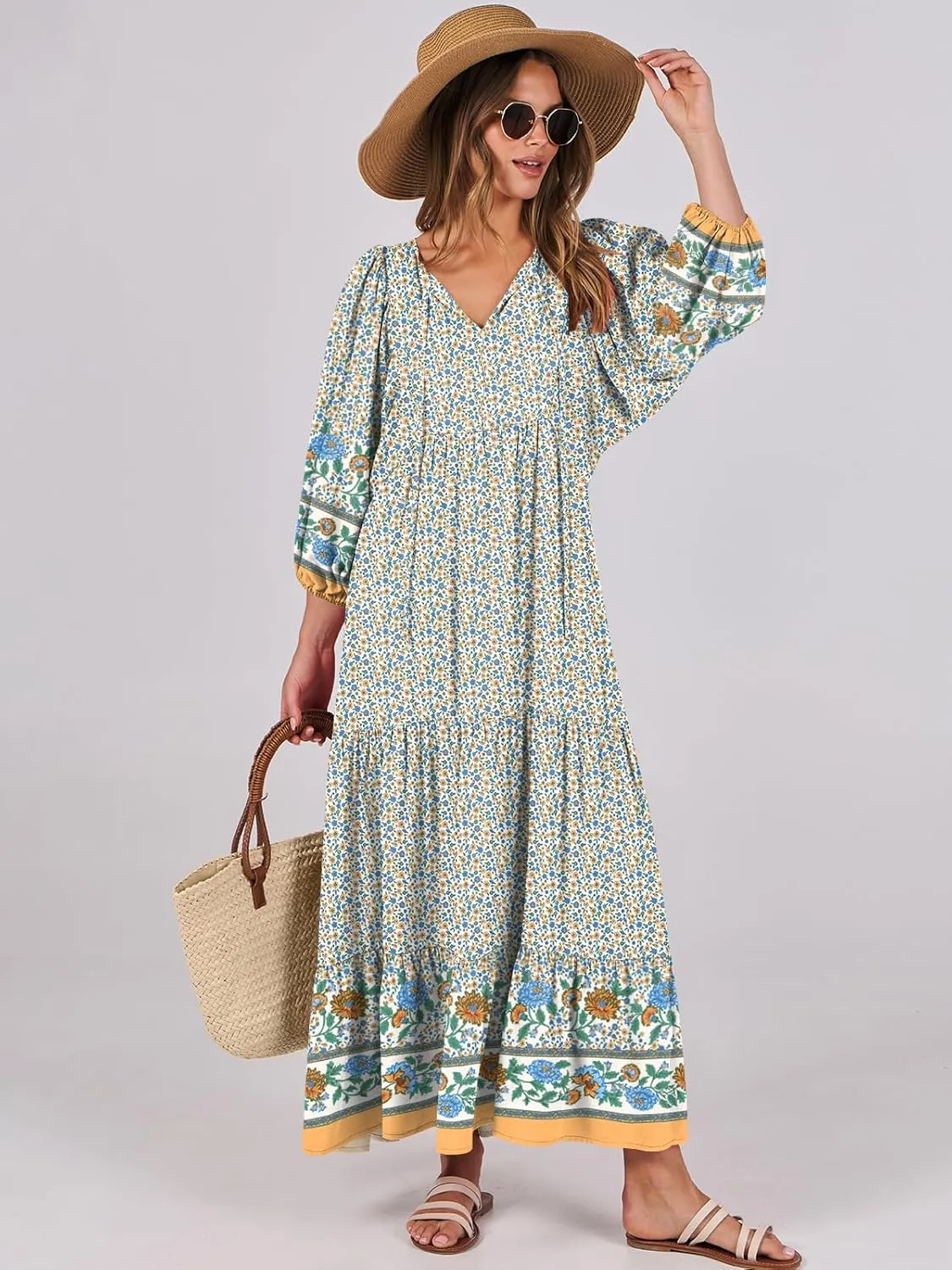 ANRABESS Womens Boho Maxi Dresses 2025 Summer V Neck Puff Sleeve Floral Flowy Swing Casual Long Dress