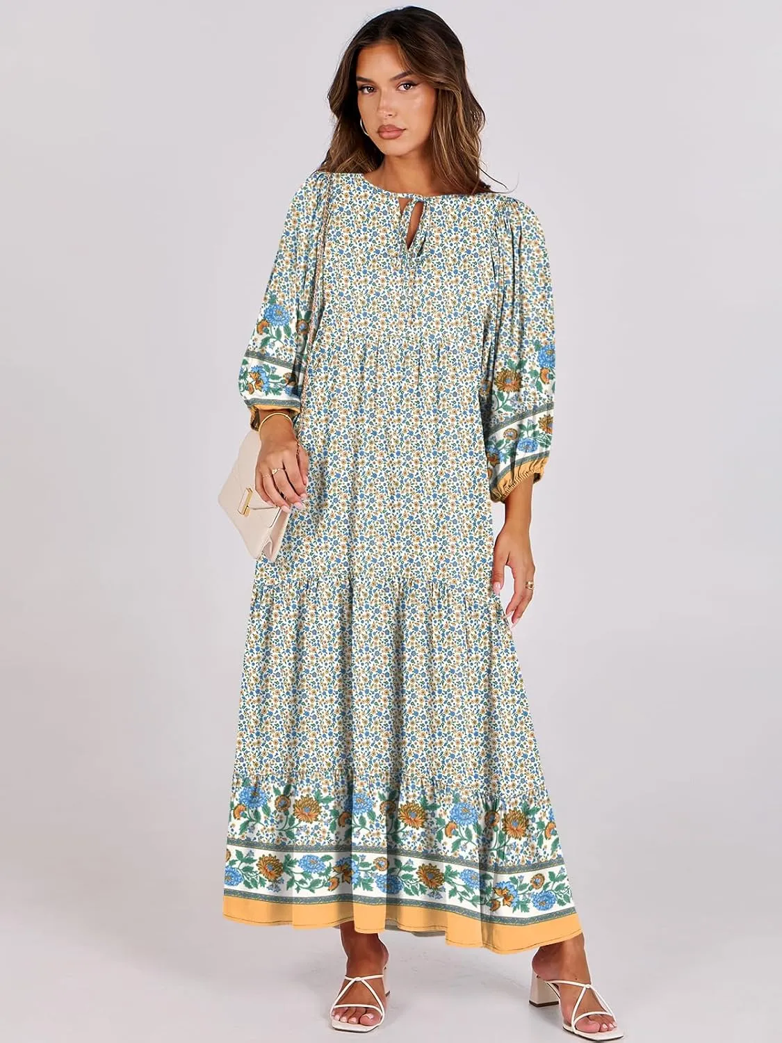 ANRABESS Womens Boho Maxi Dresses 2025 Summer V Neck Puff Sleeve Floral Flowy Swing Casual Long Dress