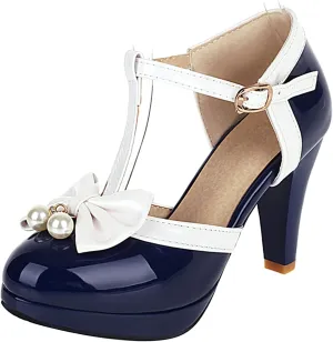 Asterisco Women Block Heel Sandals With Platform Beaded High Heels Round Toe Buckle Elegant Mary Jane Shoes, Size 2-12.5