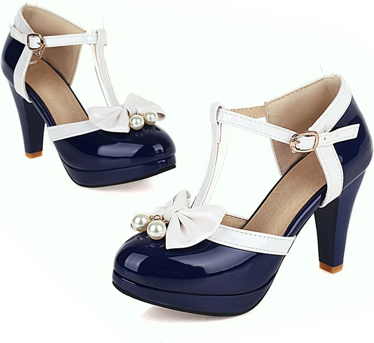 Asterisco Women Block Heel Sandals With Platform Beaded High Heels Round Toe Buckle Elegant Mary Jane Shoes, Size 2-12.5