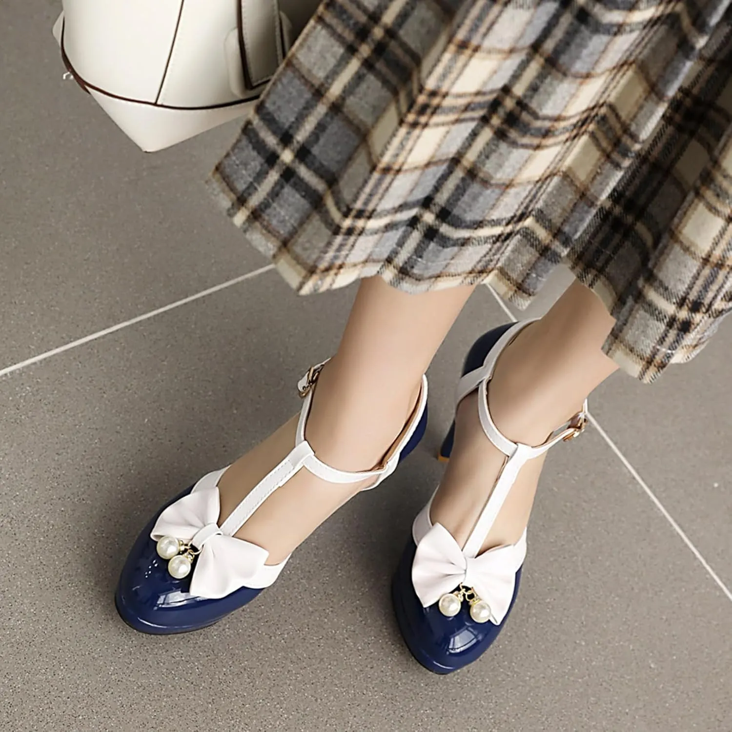 Asterisco Women Block Heel Sandals With Platform Beaded High Heels Round Toe Buckle Elegant Mary Jane Shoes, Size 2-12.5