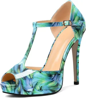AUMOTED Women's High Heel Stiletto Shoes Platform Heel Peep Open Toe Sandals T-Strap Heeled Sandals Buckle Wedding Dress 4.7 Inch Sandals Heels