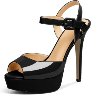 AUMOTED Women's Patent Platform Sandals Peep Open Toe Stiletto High Heels Ankle Strap Wedding Party Summers Dress Sandals Evening 5.5 Inch