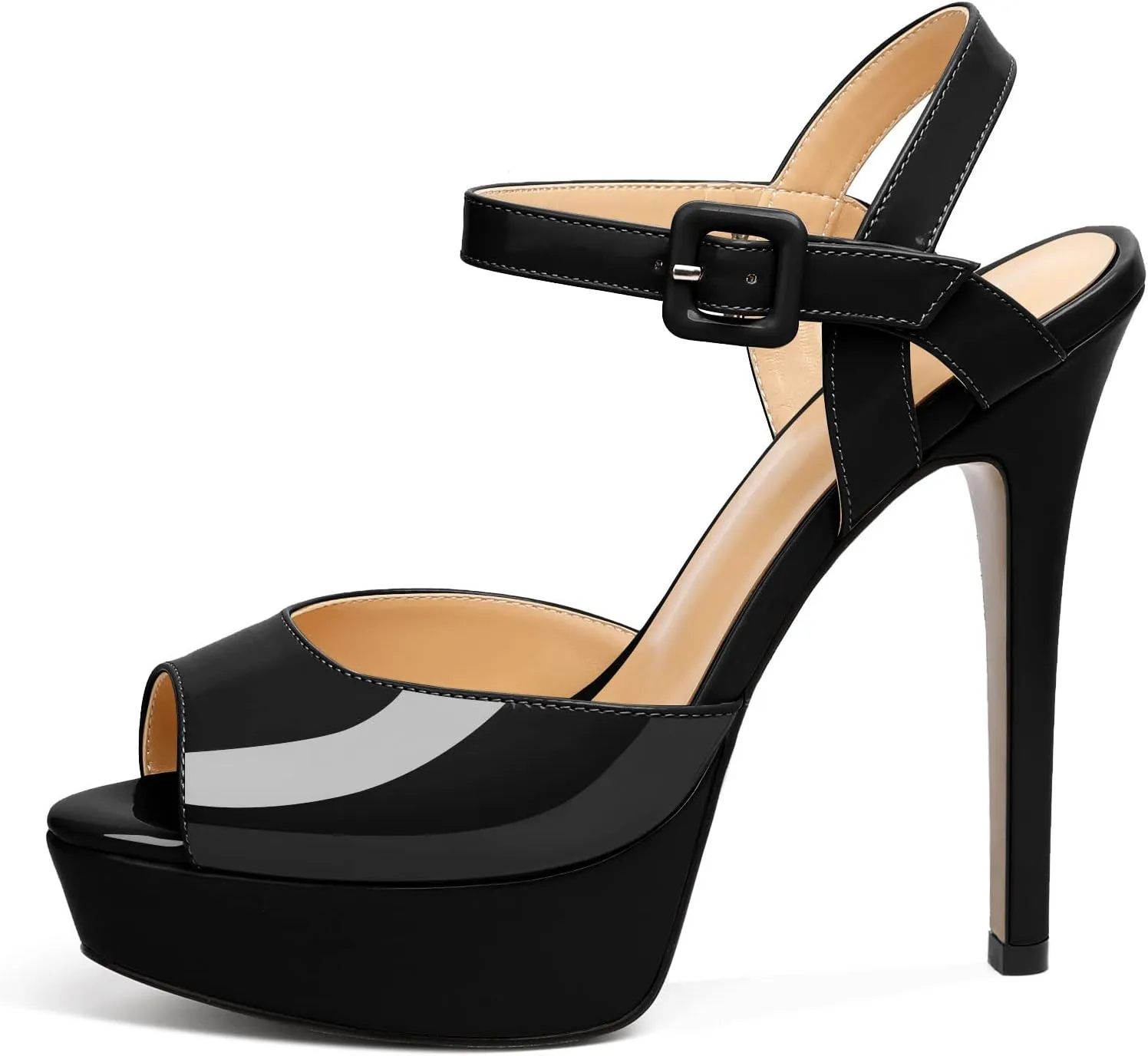AUMOTED Women's Patent Platform Sandals Peep Open Toe Stiletto High Heels Ankle Strap Wedding Party Summers Dress Sandals Evening 5.5 Inch