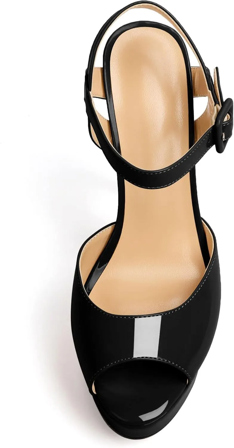 AUMOTED Women's Patent Platform Sandals Peep Open Toe Stiletto High Heels Ankle Strap Wedding Party Summers Dress Sandals Evening 5.5 Inch