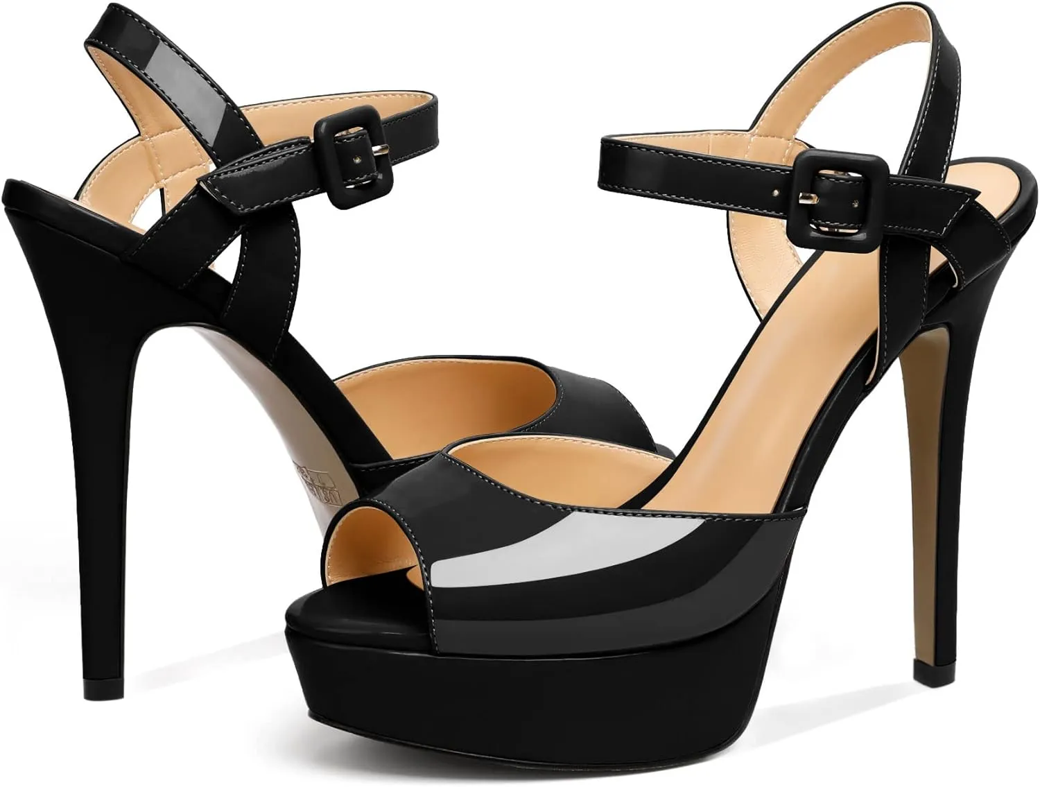 AUMOTED Women's Patent Platform Sandals Peep Open Toe Stiletto High Heels Ankle Strap Wedding Party Summers Dress Sandals Evening 5.5 Inch