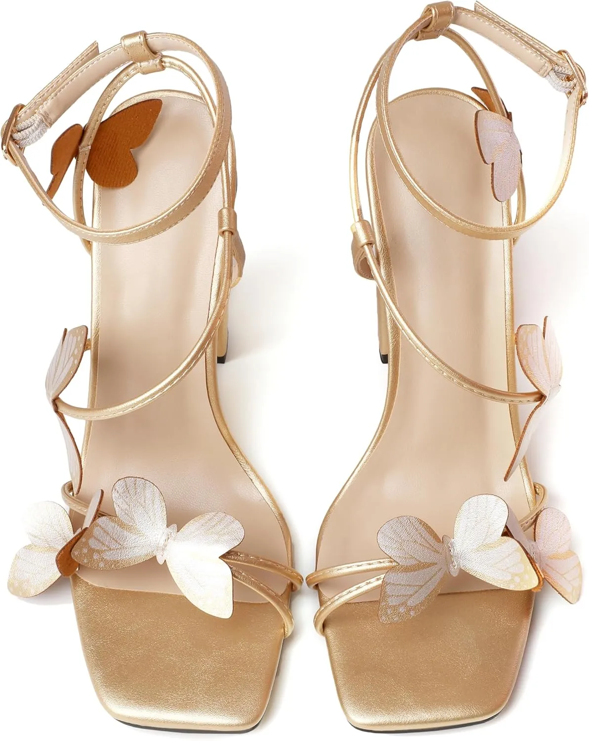 AUMOTED Womens Sandals Chunky Block High Heels Butterfly Wings Heeled Sandals Strappy Open Square Toe Summer Dress Shoes 4 Inch