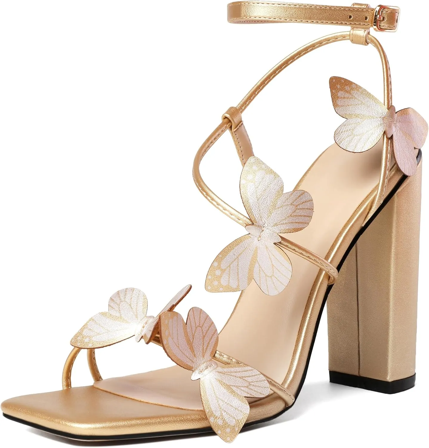 AUMOTED Womens Sandals Chunky Block High Heels Butterfly Wings Heeled Sandals Strappy Open Square Toe Summer Dress Shoes 4 Inch