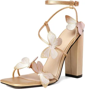 AUMOTED Womens Sandals Chunky Block High Heels Butterfly Wings Heeled Sandals Strappy Open Square Toe Summer Dress Shoes 4 Inch