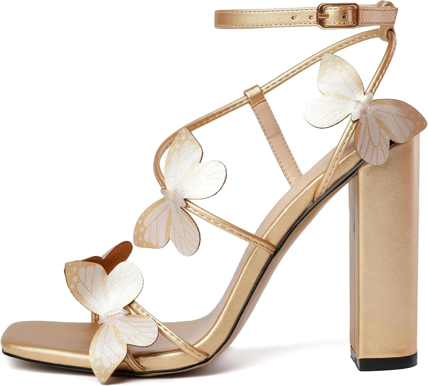 AUMOTED Womens Sandals Chunky Block High Heels Butterfly Wings Heeled Sandals Strappy Open Square Toe Summer Dress Shoes 4 Inch