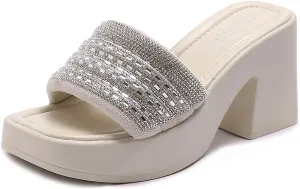 AUNTHUI Women's Square Toe Open Toe Chunky Heel Sandals,Slip-On Rhinestones High-Heeled Sandals,Summer Outdoor Breathable Platform Wedge Sandals