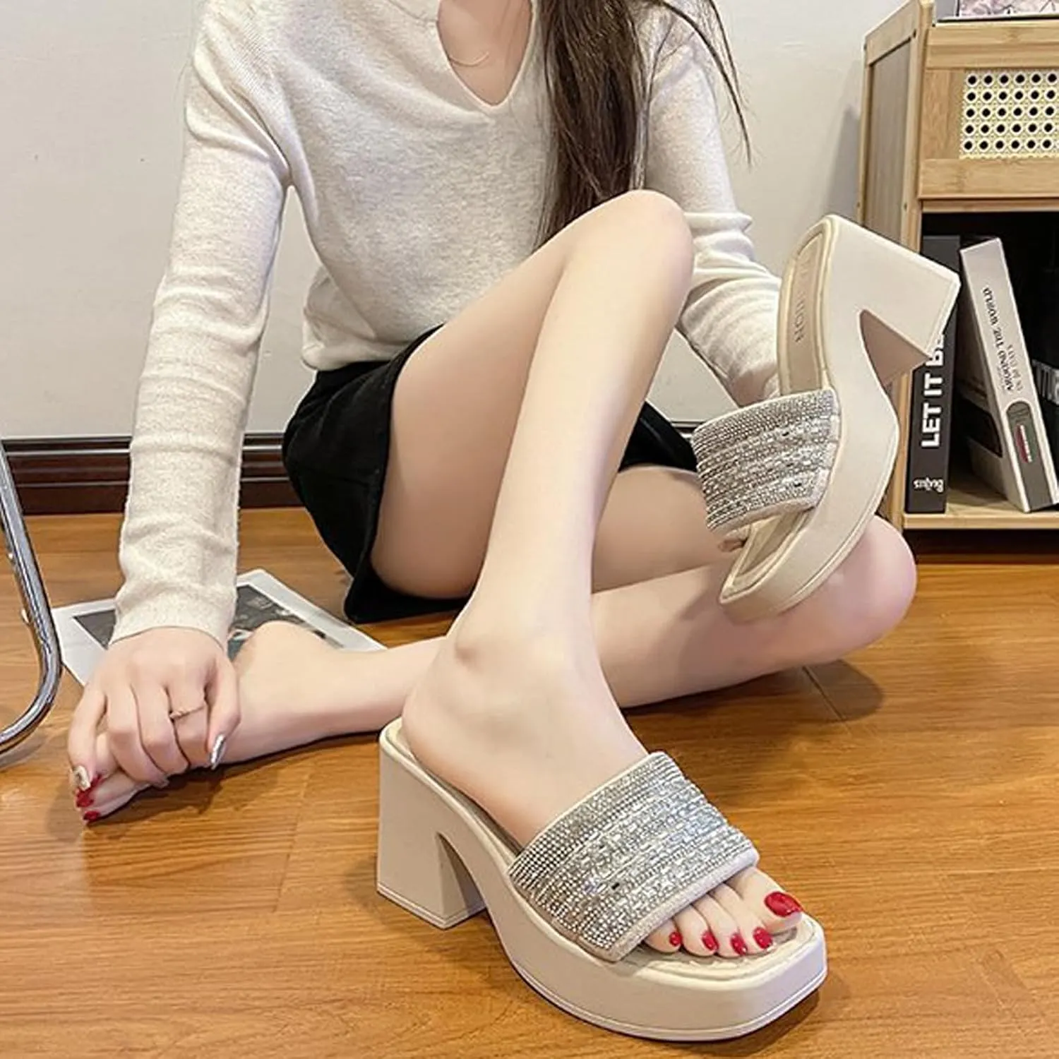 AUNTHUI Women's Square Toe Open Toe Chunky Heel Sandals,Slip-On Rhinestones High-Heeled Sandals,Summer Outdoor Breathable Platform Wedge Sandals