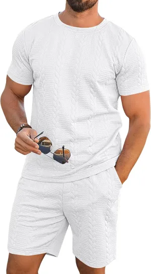 Babioboa Men's Short Sleeve Tracksuit Summer T Shirt & Shorts set Striped Jaquard Solid Two Piece Casual Daily Duty-off
