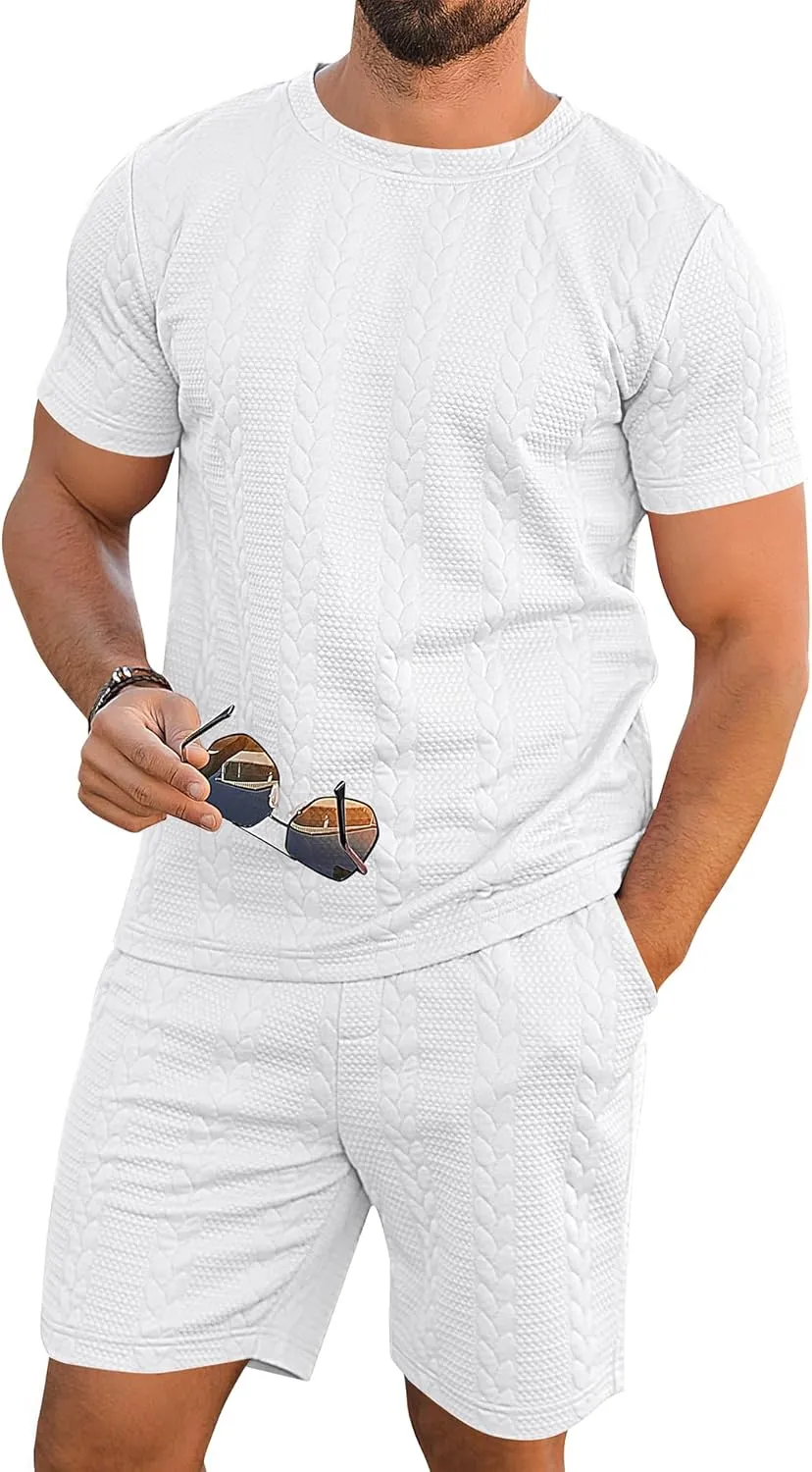 Babioboa Men's Short Sleeve Tracksuit Summer T Shirt & Shorts set Striped Jaquard Solid Two Piece Casual Daily Duty-off