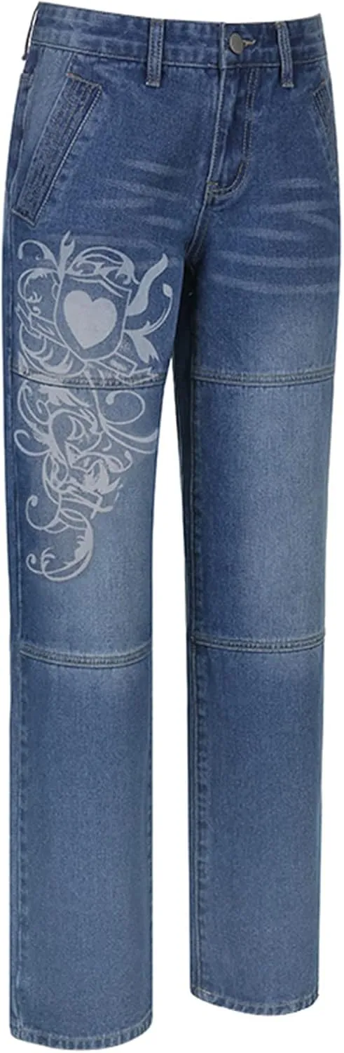 Baggy Jeans for Women Harajuku Graphic Print Cargo Jeans Wide Straight Leg Denim Pants Vintage Streetwear