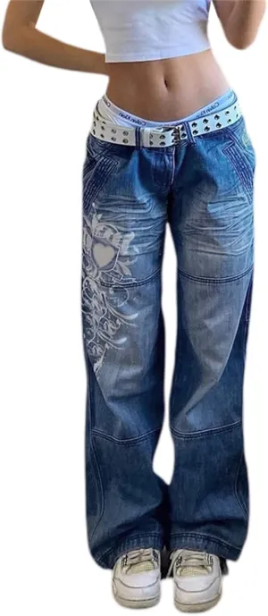 Baggy Jeans for Women Harajuku Graphic Print Cargo Jeans Wide Straight Leg Denim Pants Vintage Streetwear