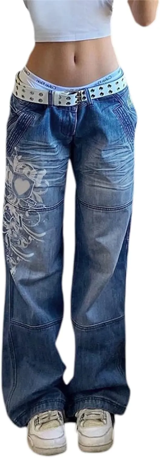 Baggy Jeans for Women Harajuku Graphic Print Cargo Jeans Wide Straight Leg Denim Pants Vintage Streetwear